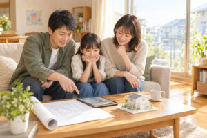 今の家を売却して注文住宅への住み替えを相談する家族