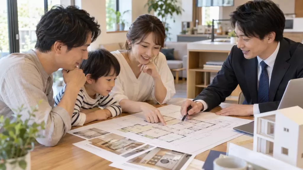 注文住宅の図面を見ながらスロップシンクの位置を検討する家族