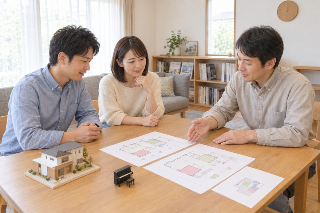 soundproof-room-planning-meeting | アップルホーム 注文住宅の防音室について設計担当者と相談する家族
