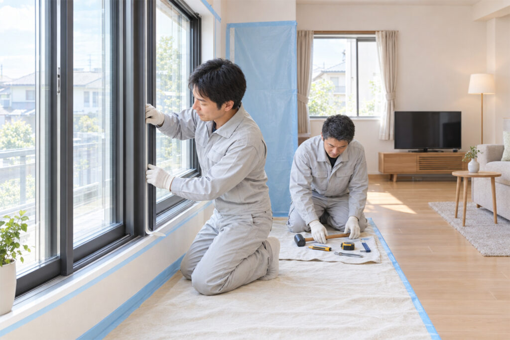既存住宅の窓に防音サッシを施工している様子