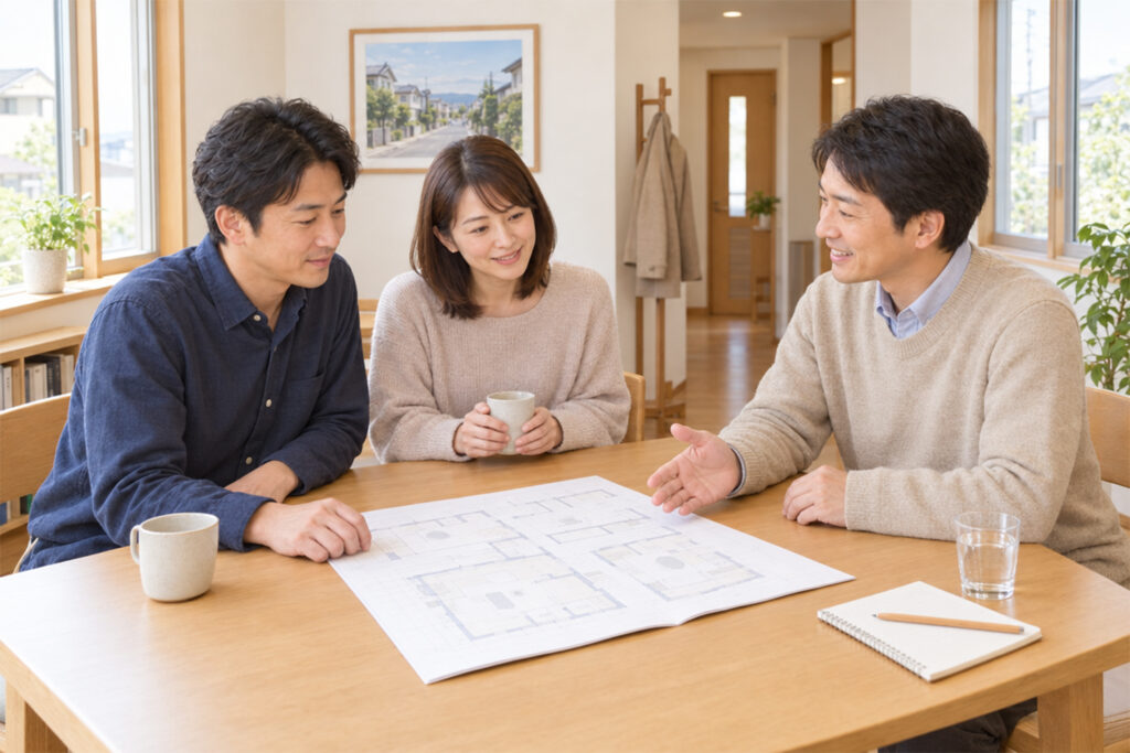 住宅防音工事について施工会社へ相談する家族
