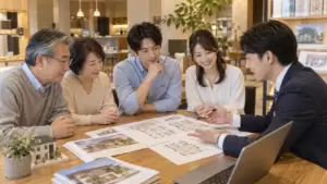 二世帯住宅の上下分離と左右分離を比較して間取りを検討する家族