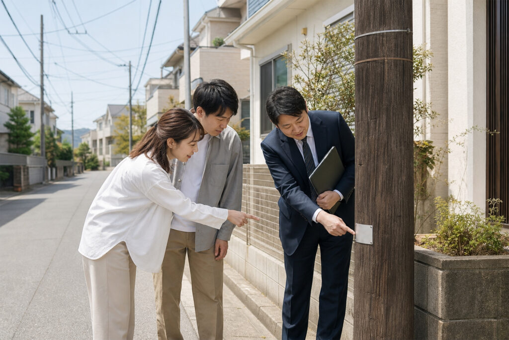 utility-pole-owner-nameplate-check | アップルホーム 候補地の電柱に付いた所有者プレートの位置を確認する様子