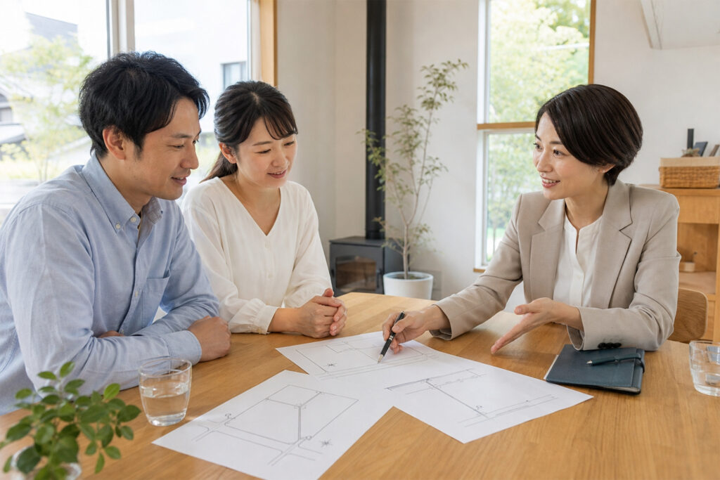 utility-pole-relocation-consultation | アップルホーム 土地の電柱移設について住宅スタッフへ相談する家族