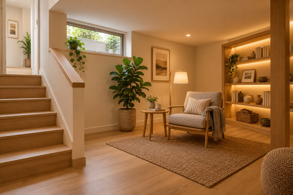 wellplus-semibasement-monitor-campaign-2026-lounge | アップルホーム WELL+の半地下空間イメージ。短い階段と高窓のある自然素材のくつろぎスペース