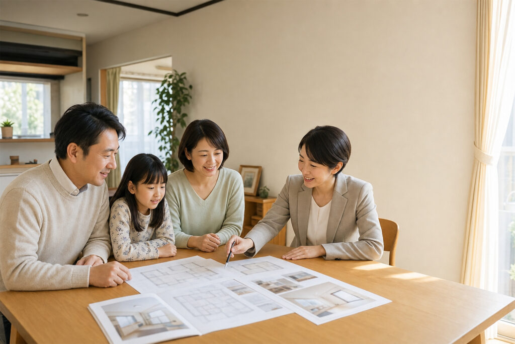 window-water-heater-reform-consultation | アップルホーム 窓と給湯器の同時リフォームについて相談する家族