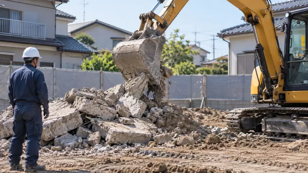 住宅建築予定地で重機を使ってコンクリートガラを撤去する作業