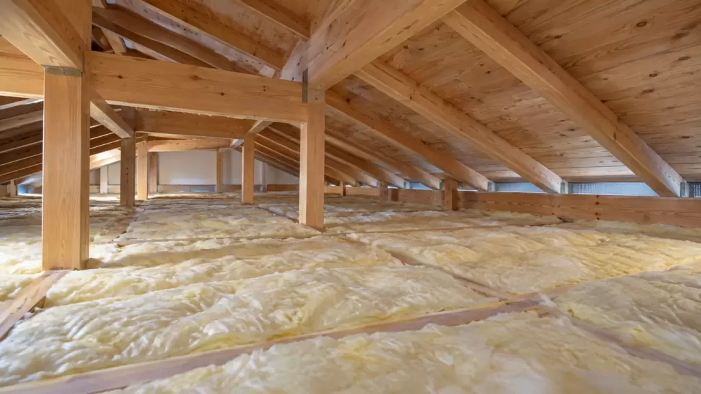 ceiling-insulation-attic-floor-installation | アップルホーム 木造住宅の小屋裏で水平な天井面に断熱材を敷き込んだ天井断熱の施工状況