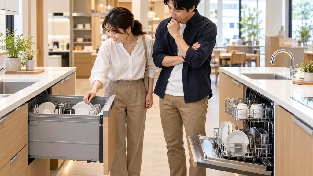 dishwasher-deep-front-open-showroom-comparison-v2 | アップルホーム キッチンショールームで深型とフロントオープンの食洗機を比較する日本人夫婦