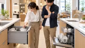 キッチンショールームで深型とフロントオープンの食洗機を比較する日本人夫婦
