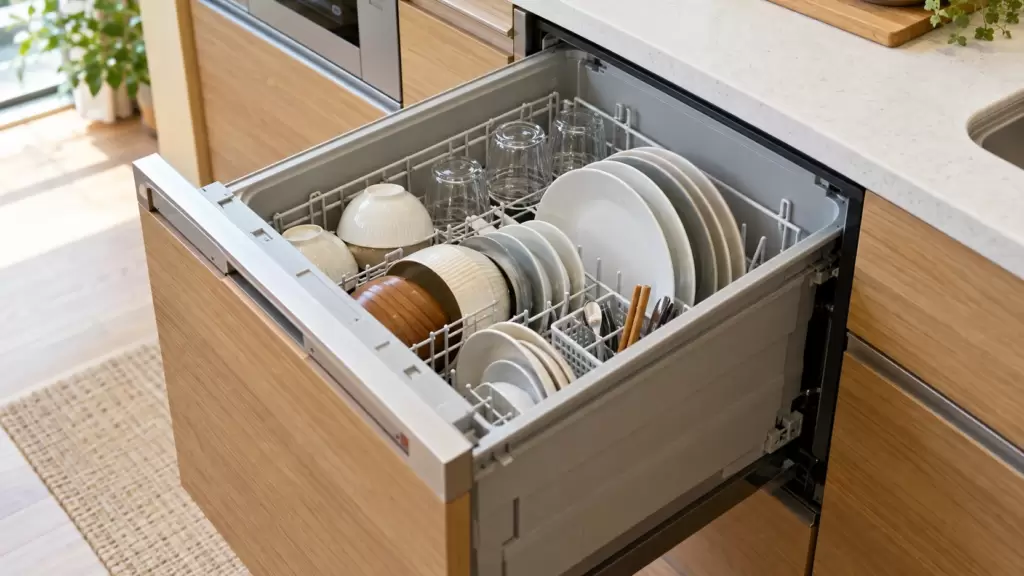 dishwasher-deep-slide-open-loading | アップルホーム 深型スライドオープン食洗機の引き出しを開き食器を上から収納できる様子
