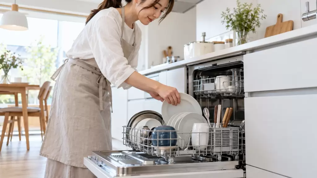 dishwasher-front-open-rack-loading-v2 | アップルホーム フロントオープン食洗機の扉とカゴを開いて平皿や調理器具を収納する様子