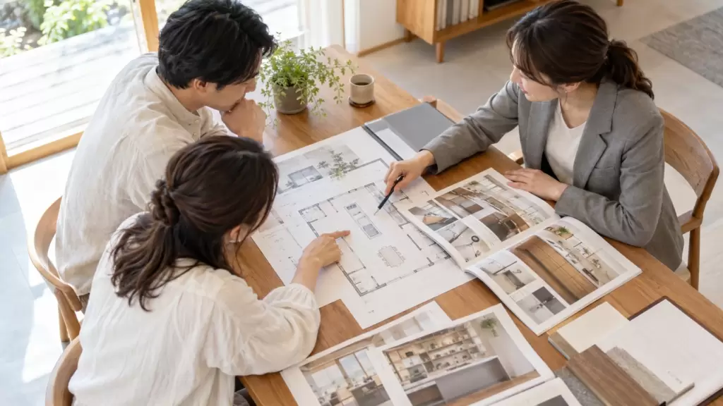 dishwasher-kitchen-layout-consultation | アップルホーム 注文住宅の設計打ち合わせでキッチン平面図と食洗機の設置位置を確認する夫婦
