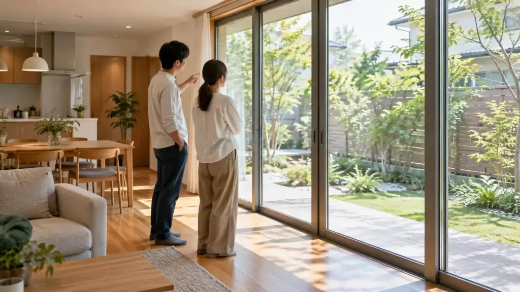 ペアガラスとトリプルガラスの選択を検討する日本の注文住宅の大きな掃き出し窓と夫婦