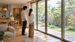 ペアガラスとトリプルガラスの選択を検討する日本の注文住宅の大きな掃き出し窓と夫婦