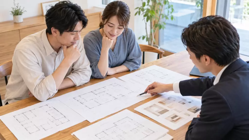earthquake-breaker-electrical-plan-consultation | アップルホーム 注文住宅の電気設備図面と分電盤の設置計画を打ち合わせる日本人夫婦と住宅担当者