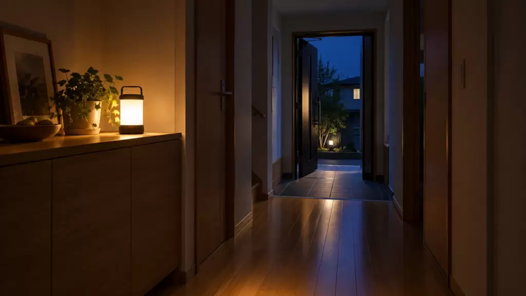 earthquake-breaker-hallway-emergency-light | アップルホーム 地震による停電に備えて玄関ホールに非常用LEDランタンを置いた住宅