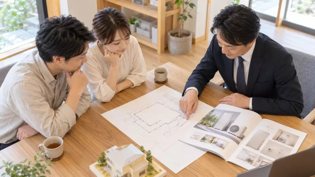 ecocute-capacity-planning-consultation | アップルホーム 住宅アドバイザーと家族が設備資料と配置図で給湯設備の位置を確認する様子