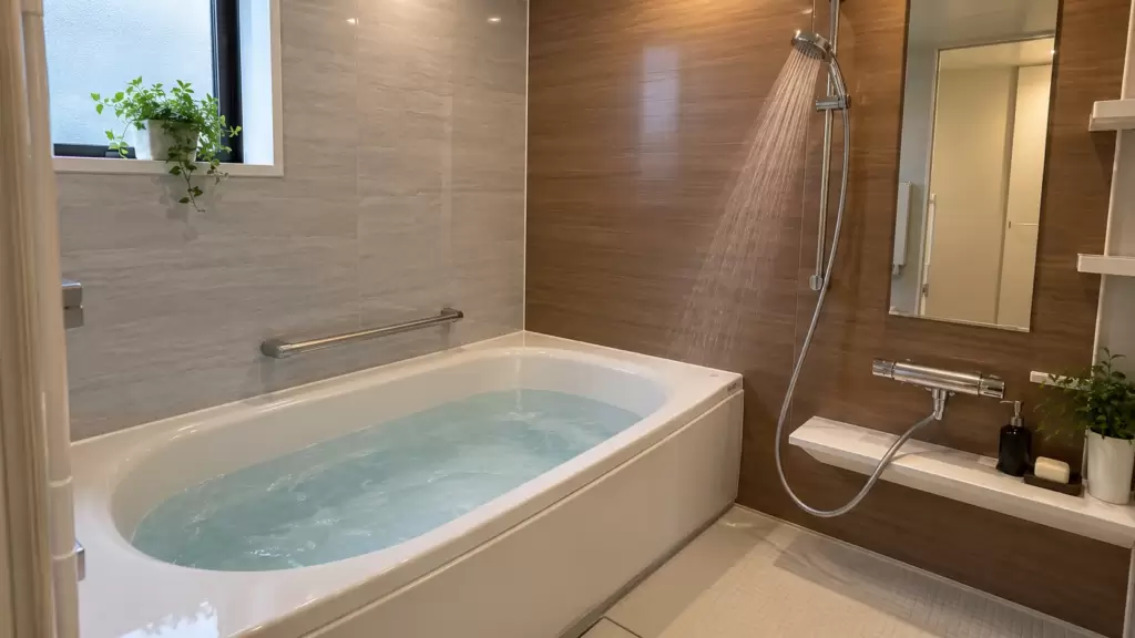 ecocute-family-bath-shower-usage | アップルホーム 浴槽にお湯をため、シャワーも使う注文住宅の浴室