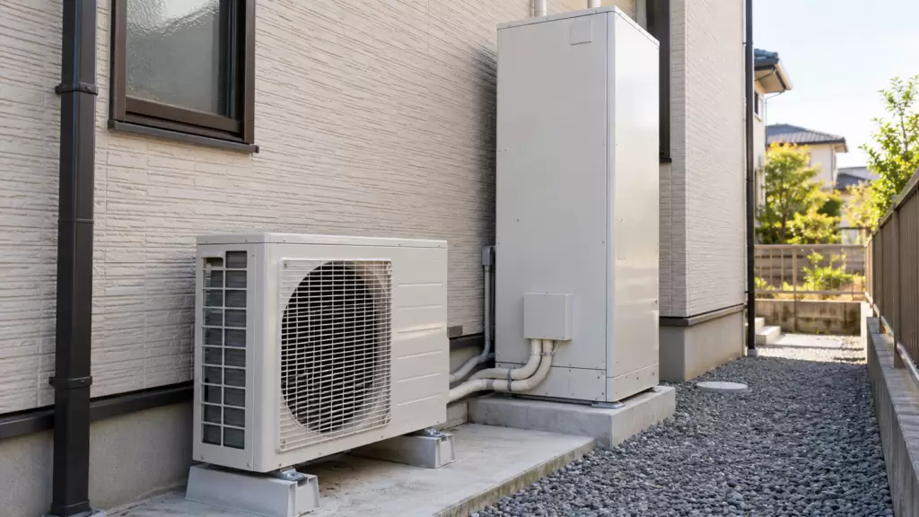 ecocute-tank-unit-installation-detail | アップルホーム 注文住宅の外壁脇に並ぶエコキュートの貯湯タンクとヒートポンプユニット
