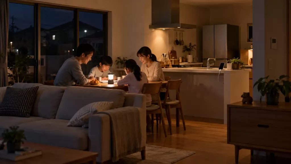 停電への備えとして冷蔵庫や照明、スマートフォンの使用を考える4人家族の住まい