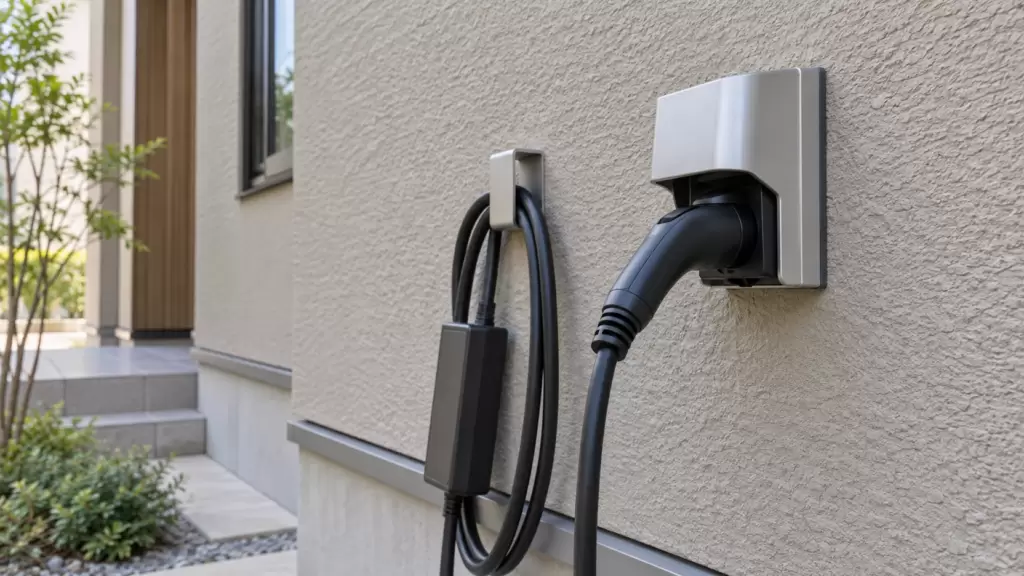 ev-charging-200v-outdoor-outlet-detail | アップルホーム 新築住宅の外壁に設置されたEV充電用200V専用コンセントと充電ケーブル