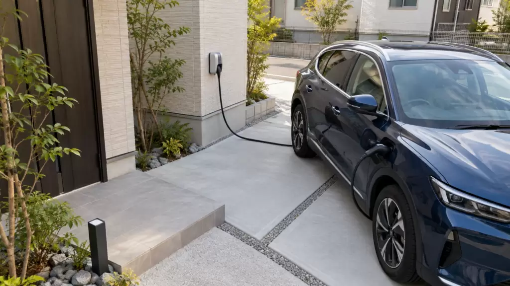 ev-charging-parking-layout-cable-route | アップルホーム 電気自動車の充電口と住宅外壁の充電設備の位置関係を考えた新築駐車スペース