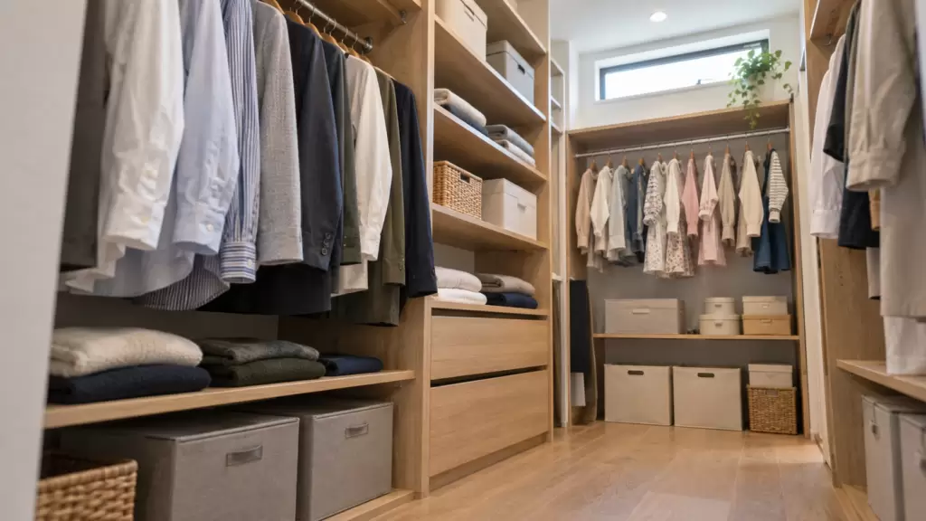 family-closet-four-person-clothing-storage | アップルホーム 4人家族分の衣類をハンガーと棚に分けて収納したファミリークローゼット