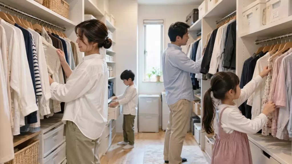 family-closet-size-four-person-eyecatch | アップルホーム 4人家族が使うファミリークローゼットの広さを確認する様子