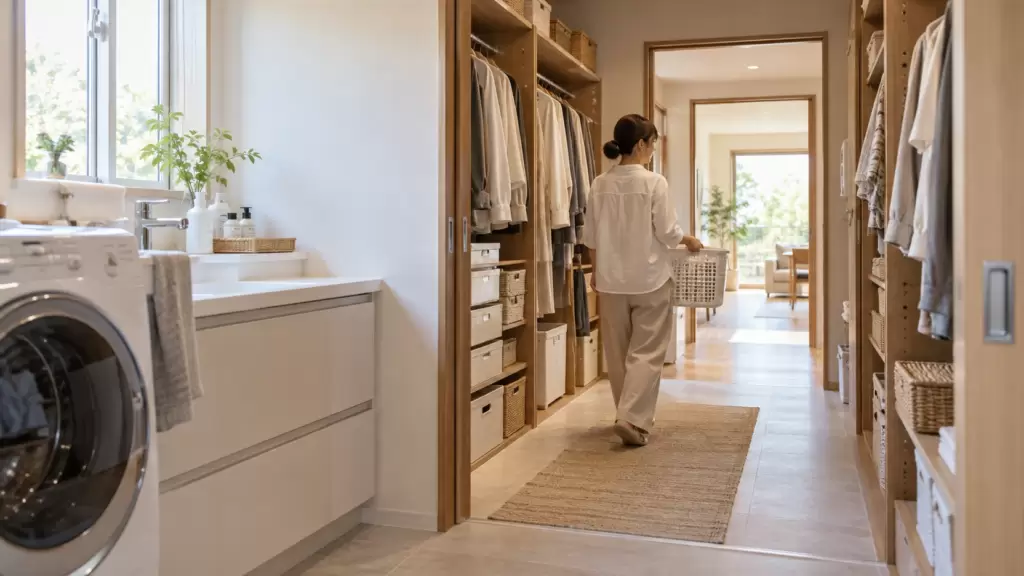 family-closet-walkthrough-laundry-flow | アップルホーム 洗濯スペースから廊下へ通り抜けられるウォークスルー型ファミリークローゼット