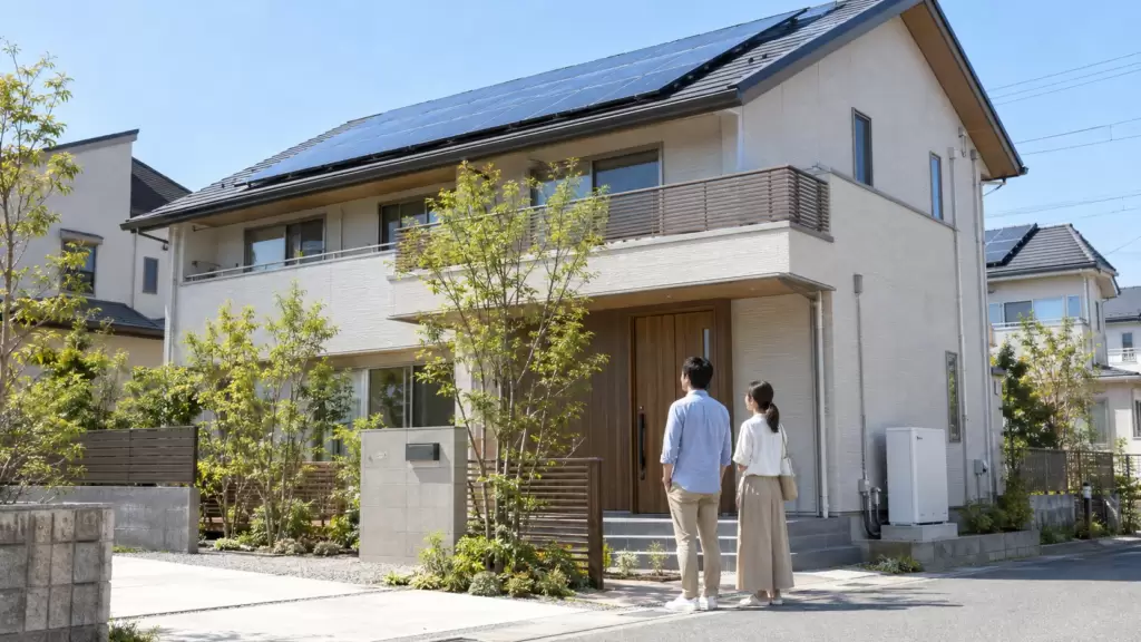 太陽光パネルと家庭用蓄電池を備えた日本の戸建住宅の外観