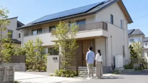太陽光パネルと家庭用蓄電池を備えた日本の戸建住宅の外観