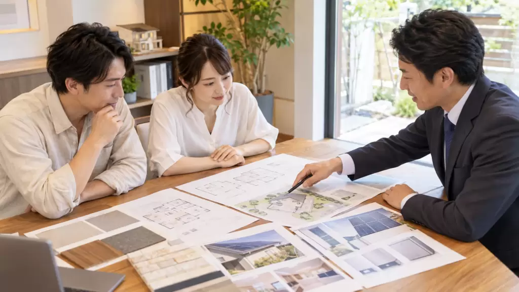 注文住宅の蓄電池と太陽光発電の設置計画を住宅アドバイザーと確認する夫婦