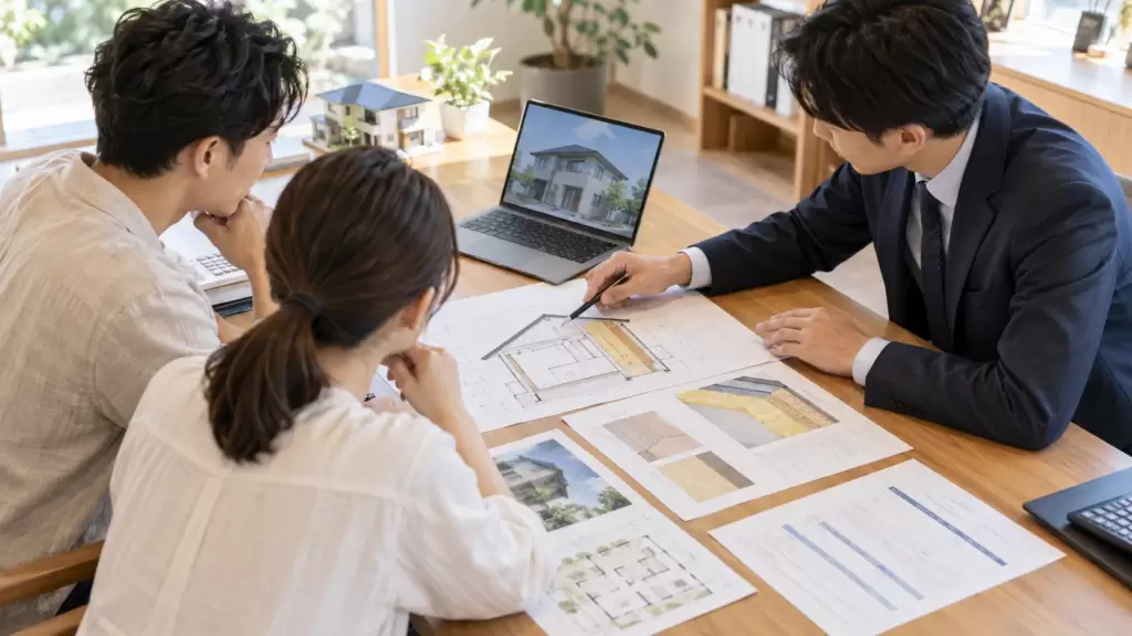 home-insulation-roof-plan-consultation | アップルホーム 注文住宅の屋根断面図と断熱仕様を住宅アドバイザーに相談する日本人夫婦
