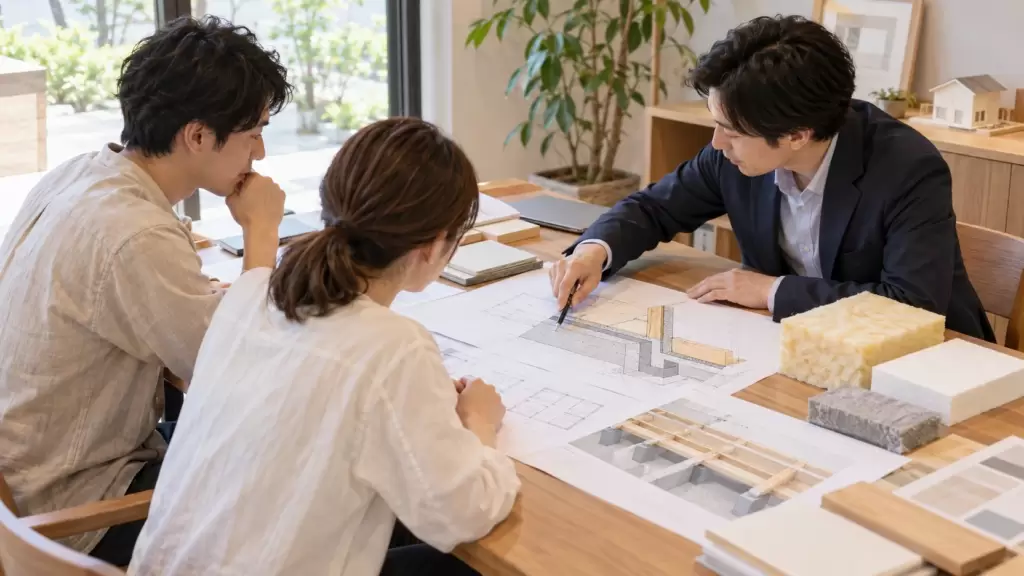 home-insulation-specification-consultation | アップルホーム 注文住宅の床下断熱仕様と防蟻対策を住宅アドバイザーに確認する日本人夫婦
