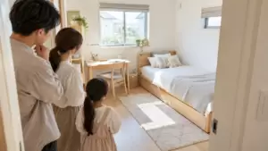 コンパクトな子ども部屋のベッドと学習机を親子で確認する様子