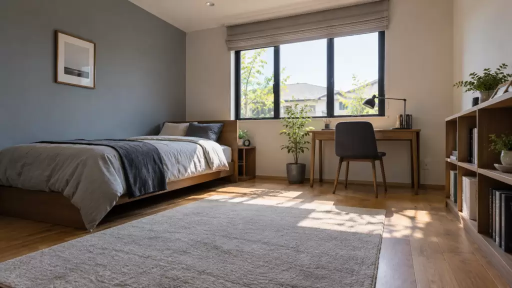 6畳を想定した子ども部屋にベッドと学習机と本棚を配置した室内