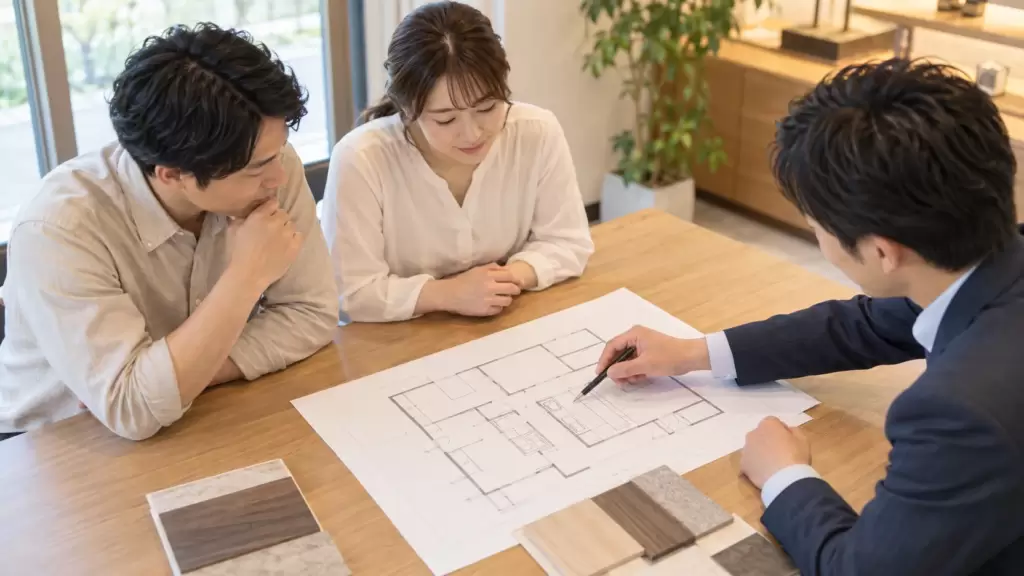 注文住宅のキッチン通路幅と家事動線を平面図で確認する夫婦と住宅アドバイザー