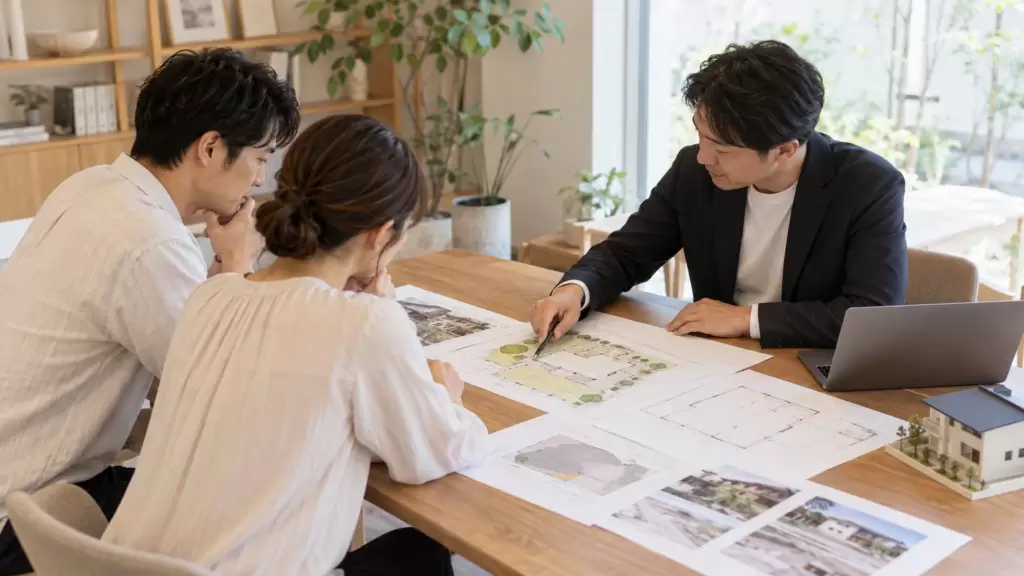 土地売買契約前に配置図や解体資料を確認する日本人夫婦と住宅アドバイザー