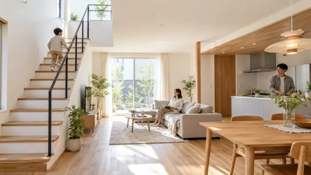 living-staircase-vs-hallway-staircase-eyecatch | アップルホーム リビングと一体になった木製階段のある注文住宅のLDK