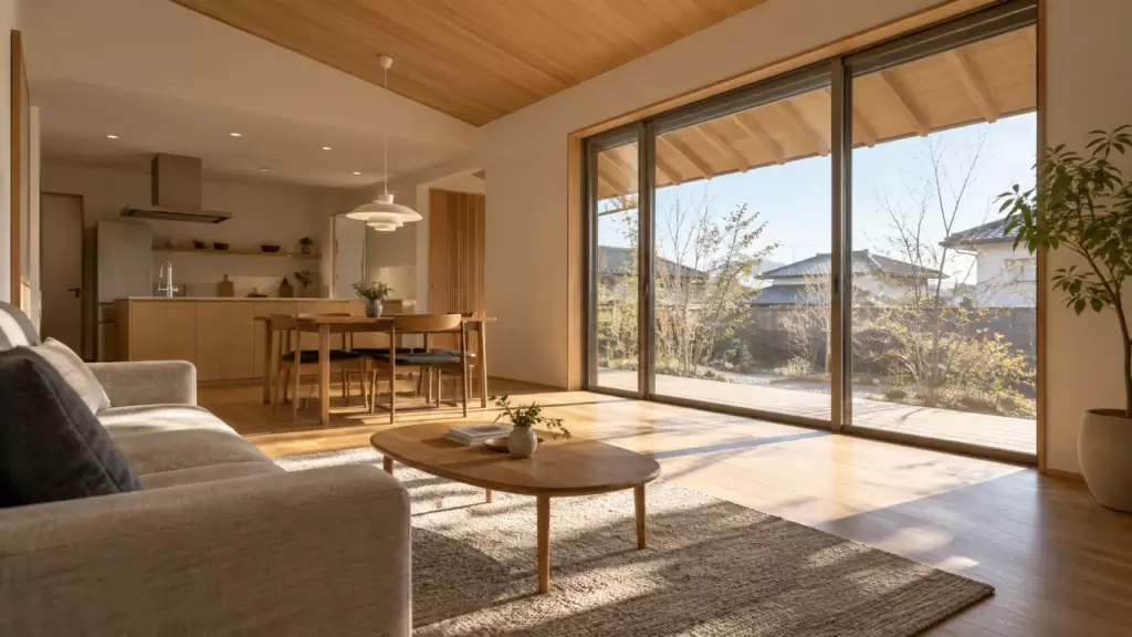 low-e-glass-sun-orientation-living | アップルホーム 南面の大きな窓と軒から低い日差しが入る注文住宅のリビング