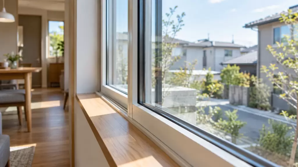 low-e-glass-window-coating-detail | アップルホーム Low-E複層ガラスを採用した注文住宅の窓まわりを室内側から見た様子
