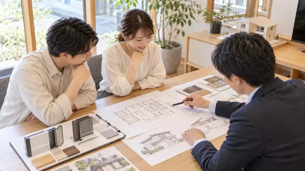 low-e-glass-window-plan-consultation | アップルホーム 注文住宅の窓仕様と立面図を住宅アドバイザーと確認する日本人夫婦