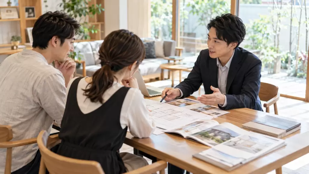 注文住宅と住宅ローンの資金計画を住宅アドバイザーに相談する日本人夫婦