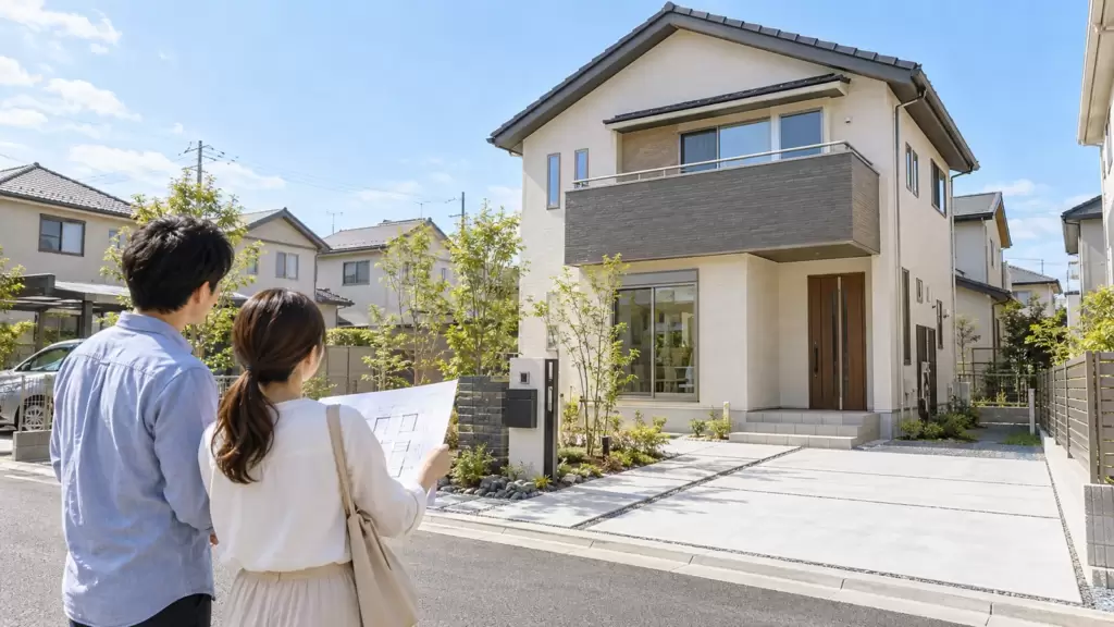 注文住宅の前で住宅ローンの資金計画を確認する日本人夫婦