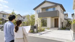 注文住宅の前で住宅ローンの資金計画を確認する日本人夫婦