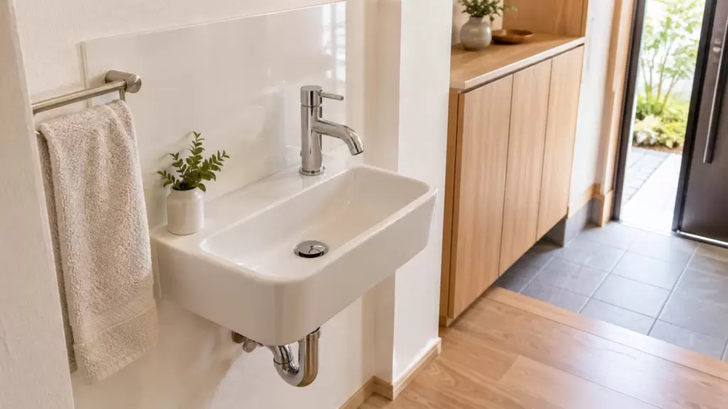 second-washbasin-entrance-handwash | アップルホーム 玄関ホールに設置されたコンパクトな手洗い器と壁面の水はね対策