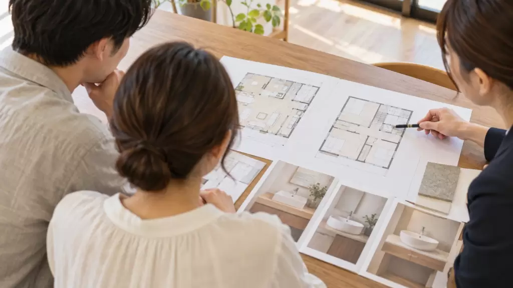 second-washbasin-floorplan-consultation | アップルホーム 注文住宅の平面図と洗面設備資料を確認する日本人夫婦と住宅アドバイザー