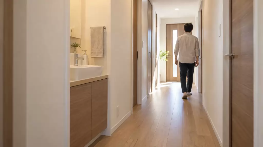 second-washbasin-hallway-clearance | アップルホーム 住宅の廊下の壁面に収めたセカンド洗面台と歩行スペース