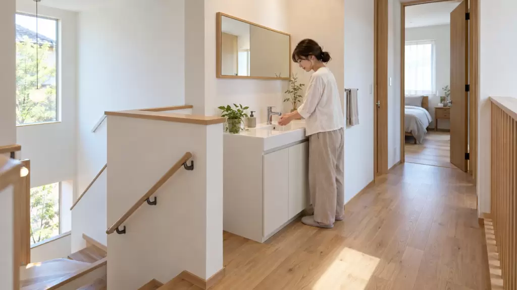 second-washbasin-upstairs-landing-eyecatch | アップルホーム 2階ホールの一角に独立したセカンド洗面台を設けた日本の注文住宅